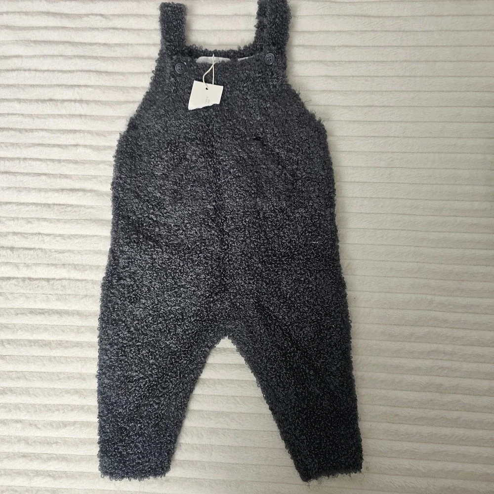 Zara Baby Textured Fuzzy Knit Overalls 1-3M Charcoal Gray Scandinavian Cozy